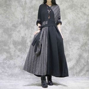 Johnature Kadınlar Vintage Patchwork Uzun Kollu Elbiseler Bandaj Bornoz Bahar V Yaka Yüksek Kalite Pamuk Keten Elbiseler 210521