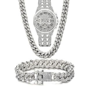 Armbanduhren Luxus Iced Out Uhr für Männer Frauen Hip Hop Miami Bling CZ Kubanische Kette Große Gold Halskette Armband Strass Herren