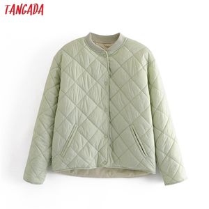 Tangada Frauen grün kariertes Muster dünne Parkas Winter Reißverschlusstaschen weiblich warm elegant Mantel Jacke QN49 210914