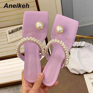 Fashion PU Women Shoes Summer Rome Spike Heels Thong Slippers Novelty String Bead Polka Dot Shallow Sweet Party 210507