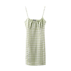 Puwd slim tjejer mjuk bomull mini klänning sommar mode damer grön plaid es vintage kvinnor chic söt 210427