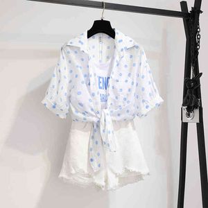 in stock Korean Style Summer Women False two-piece Turn-down Collar Shirts + Shorts 2 pcs set suits A1325 210428