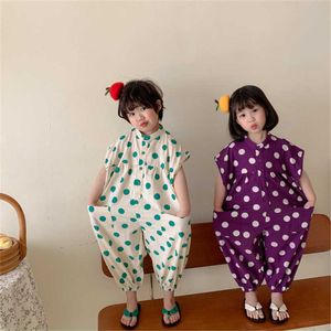 夏の男の子と女の子のレトロなドットノースリーブコットンリネンキッズ服通気性快適な特大サイズボディスーツ210615