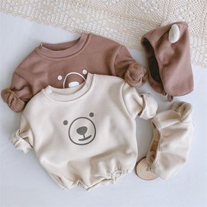 2021 Newest Spring Korean Style Rompers Baby Girl Bodysuit Cute Bear Sweatershit with Headband Jumpsuit Kids Clothes Y2