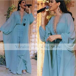 Aso Ebi Prom Dress Suit Chiffon 2021 Beaded Deep V Neck Long Sleeves Formal Party Gowns For Women Monther Pants Suits