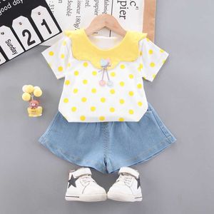 Yaz Yeni doğan bebek çocuk çocuk bebek bebek kız bebek polka dot kısa kollu üst denim şort set kıyafet kıyafeti
