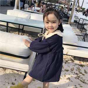 Spring Summer Korean style pure cotton yarn doll collar long sleeve dresses for girls cute kids all-match princess dress 210708