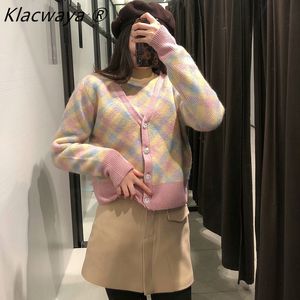 Kvinna Tröjor Cardigan Pull Femme Chandails Ropa Mujer Kobieta Vetement Långärmad Argyle Stickad Rainbow Söt Vrouw Truien 210521