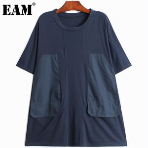 [EAM] Women Black Big Size Casual Spliced Pockets T-shirt Round Neck Short Sleeve Fashion Spring Summer 1DD8244 210512