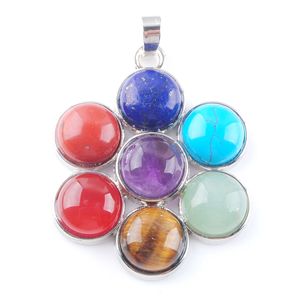 WOJIAER 7 Chakras Natural Stones Flowers Pendants Health Amulet Healing Necklace 18" Length Jewelry Charms Pendant N3268