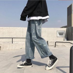 Men's Jeans 2021 Letter Printing Blue Men Straight Tube Loose Spring And Autumn Summer Korean Fashion Male Baggy Pants Denim Trousers