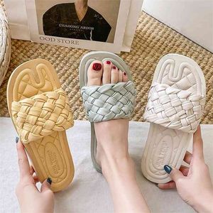 Summer Casual Outdoor Slipper Pu Leather Weave Camel Toe Sole Leisure Beach Slides Vacation Ladies Sandals Shoes 210619