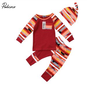 Pudcoco Più Nuovo Caldo 2018 Bambino Bambini Ragazzi Ragazze Top in cotone a righe + Pantaloni lunghi Leggings + Cappello Vestiti Abiti casual Set 0-24m G1023