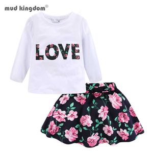 Mudkingdom Girls Clothes Set Love Long Sleeve Spring Children Skirt Outfit Floral Little Big Sister Cute 210615