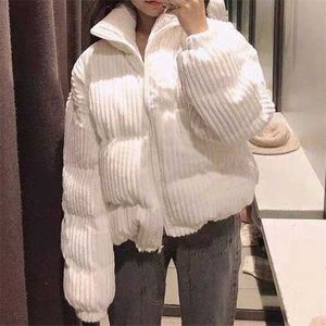 Women Corduroy Warm Loose Casual Jacket Female Short Outwear Puffer Coat Ladies Thick Lining Bomber Winter and Autum Jackets 211014