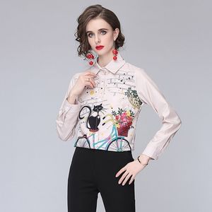 Summer Printed Long Sleeve Single-Breasted Shirt Office Turn-down Collar Blouse Elegant Work Plus Size Tops 210531