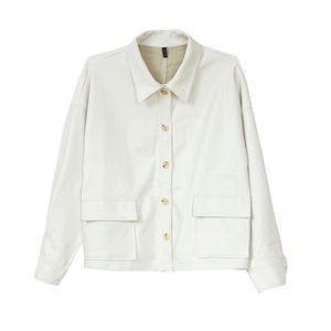 Women PU Faux Leather White Black Jacket Pocket Turn Down Collar Outwear Button High Street C0032 210514