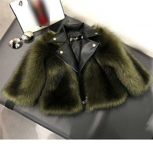 Faux Fur Children Leather Coat Autumn And Winter Motorcycle Girls Fashion Jackets Kids Tops Clothes 2-14T 211204