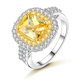 2021 Fashion Square Pink Yellow Zircon Luxury White Gold Colored Wedding Ring Smycken Ladies Nöjdhet Presenter