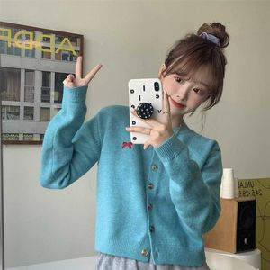 SweatersJumpers الأزياء الحلو فضفاض س الرقبة طويلة الأكمام سترة الأزرق سترة قصيرة القوس التطريز الوردي الأسود اليابان نمط أنيق 210610