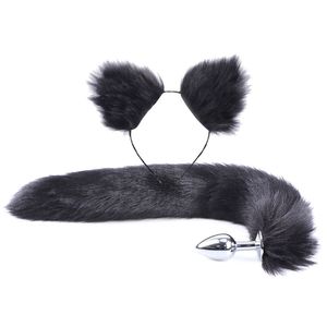 2Pcs/set Fluffy Faux Fur Tail Metal Butt Plug Cute Cat Ears Headband for Role Play Party Costume Prop Adult Sex Toys Y201118