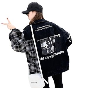 Spring Black Loose Denim Jacket Harajuku Bomber Streetwear Plaid Jean Letter Printed 211014