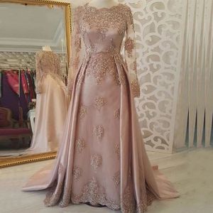 Elegant Moroccan Kaftan Long Evening Dresses Illusion Full Sleeves Lace Appliques Crystal Pearls Beads Muslim Women Formal Gowns A Line Prom Dress Court Train