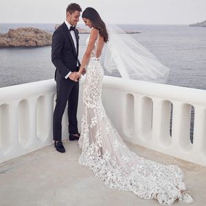 Backless Mermaid Beach Wedding Suknie 2021 V-Neck 3D Lace Applique Siez Trumpet Steven Khalil Garden Bridal Dress232W