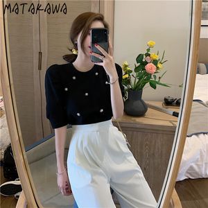 마타 카와 블랙 퍼프 슬리브 티셔츠 여성 여름 구슬 슬림 여자 Tshirts 짧은 최고 여성 패션 의류 T 셔츠 210513