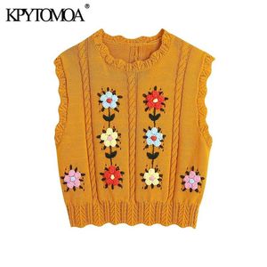 KPYTOMOA Women Sweet Fashion Floral Embroidery Cropped Knit Vest Sweater Vintage Sleeveless Female Waistcoat Chic Tops 211009
