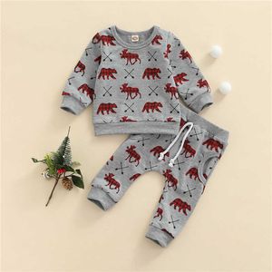 2021 2 sztuk Noworodek Baby Boys Christmas Casual Dressuit, Plaid Deer Drukuj Długie Rękawy Sweter Koszula + Dorywczo Spodnie dla Maluch G1023