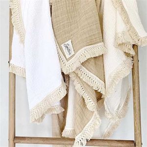 Baby Tassel filtar födda blöja swaddle wrap bomull muslin filt dubbel gasbad badhandduk Po rekvisita 211105