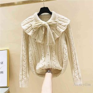 Autumn Winter Woman's Lace-up Bow Twist Doll Collar Thick Knit Cardigan Coat Loose Knitted Sweater Jumper Students A4474 210428