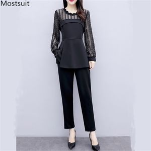 Spring Outfits Women Elegant Plus Size Two Piece Set Suit Long Sleeve Tunic Mesh Patchwork Tops And Pants Sets OL Black 210513