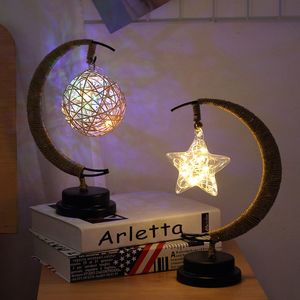 Led stars light moon apple Sepak takraw Christmas gift handmade hemp rope wrought iron night party room decoration item