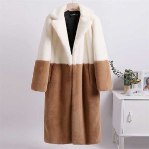 女性の冬の暖かいフェイクの毛皮のコートの色のパッチ厚い女性ロングコートを下にぶつけ女性暖かい毛皮コートカザコフェミニノ211110