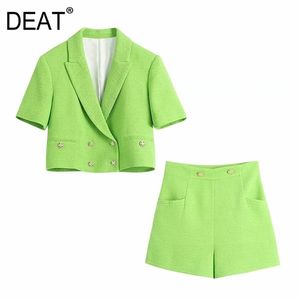 [Deat] Sommar Fashion Short Sleeve Single-breasted Green Blazer High Waist Shorts Kvinnor Tvådelad kostym 13q366 210527