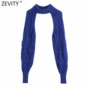 ZEVITY Kadınlar Stand Up Yaka Topu Aplikler Uzun Kollu Örgü Kazak Femme Chic Tasarım Rahat Kazak Bayanlar SW708 210603 Tops