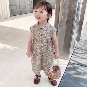 Girls 'Onesies Summer Ärmlös Baby Kläder Floral Lapel Barnens Jumpsuits Kids Set 210515