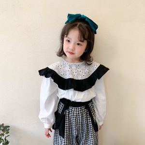 春の女の子のフリルの大きなターンダウンカラーブラウスファッションパッチワーク長袖コットンベーストップス服210508