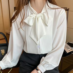 Blouse Women Long Sleeve White Owmen Shirts Tops Bow V-neck Office For Chiffon Shirt Blusas D400 210426