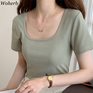 Square Collar Solid T-shirt Women Short Sleeve Slim Casual Ladies Tops Korean Chic Basic All Match Summer T Shirts 210519