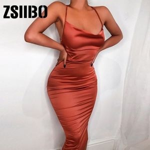 Lässige Kleider Neon Satin Schnüren up sommer women bodcon long Midi Vintage Rückenless elegante Party Outfits Sexy Club Kleidung Vestido Kleid Robe 210325