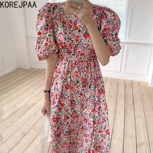 Korjpaa Kvinnor Klänning Koreanskt Chic Sommar Retro Elegant Square Collar Broken Flower Bubble Sleeves Klä Lång Kjol Kvinna 210526