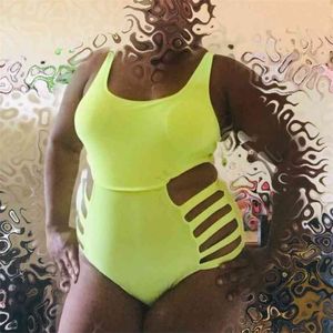 Neon Green Plus Storlek Baddräkter för Kvinnor Bandage Badräkt Scoop Neck Padded Badkläder Pool Beachwear 210712