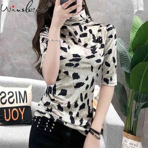 T Shirt Women Tshirt Spring/Autumn Vintage Turtleneck Soft Velvet Print Half Sleeve T-shirt Slim Ropa Mujer T07811B 210623