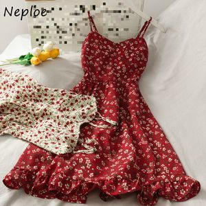 Neploe Hongkong stil blommig tryck hög wasit camisole kvinnlig klänning sommar nya ruffles söta färska kvinnor klänningar 82087 210423