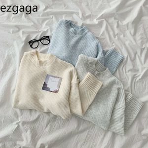 Ezgaga macio camisola pulôver mulheres outono novo sólido moda coreana vintage solto outwear senhoras tops azul jumper casual 210430