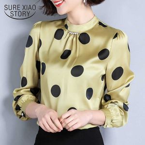 Frühling Koreanische Elegante Slim Fit Dame Tops Langarm Stehkragen Polka Dot Chiffon Bluse Frauen Blusas Mujer 9045 50 210527