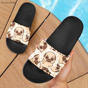 Slippers elviswords encantadores desenhos animados pug impressões confortáveis ​​mulheres internas não deslizam em ladrias casuais sandálias de meninas leves